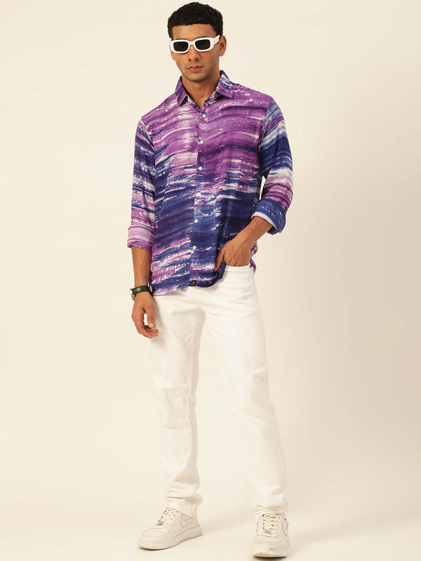 Horizontal Striped Tie Dye Slim Fit Unisex Rayon Shirt