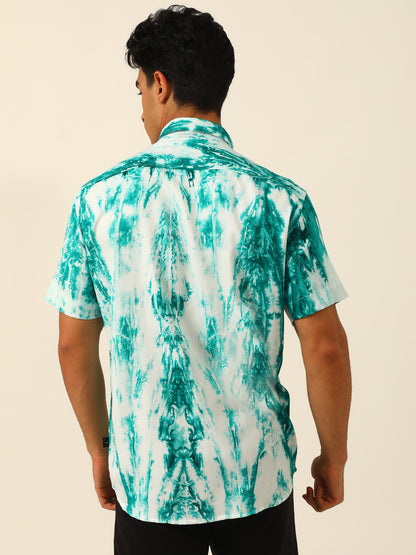 Teal Sustainable Tie Dye Pashmina Rayon Slim Fit Half Sleeves Shirt