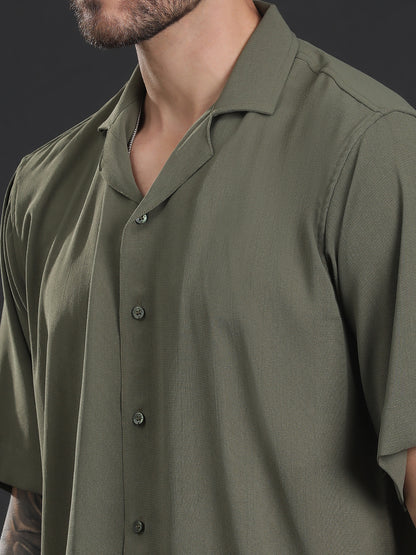 Olive Green Oversized Cuban Collar Unisex Shirt
