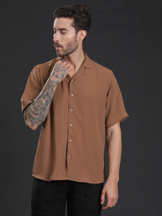 Light Brown Oversized Cuban Collar Unisex Shirt