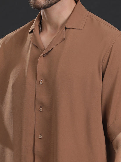 Light Brown Oversized Cuban Collar Unisex Shirt