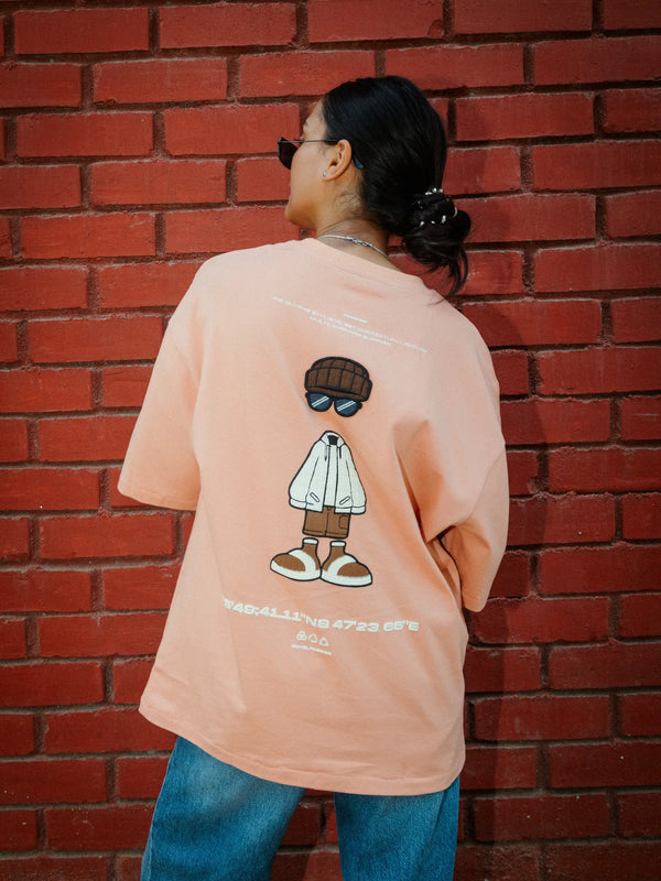 Women Oversized Peach Cotton T-Shirt with Back Cartoon Graphic