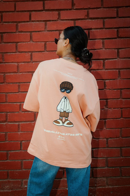 Women Oversized Peach Cotton T-Shirt with Back Cartoon Graphic