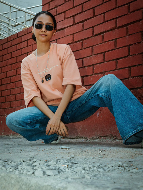 Women Oversized Peach Cotton T-Shirt with Back Cartoon Graphic