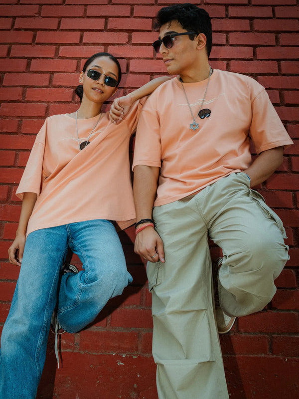 Women Oversized Peach Cotton T-Shirt with Back Cartoon Graphic