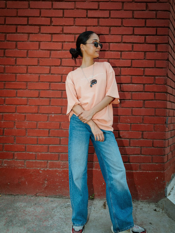 Women Oversized Peach Cotton T-Shirt with Back Cartoon Graphic