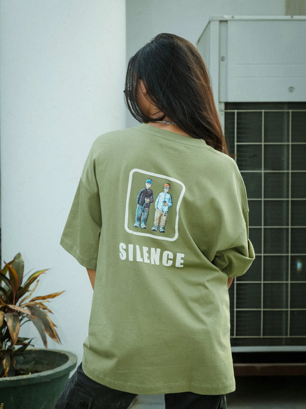 Women Oversized Olive Green T-Shirt with "Silence" Print & Vintage Graphic