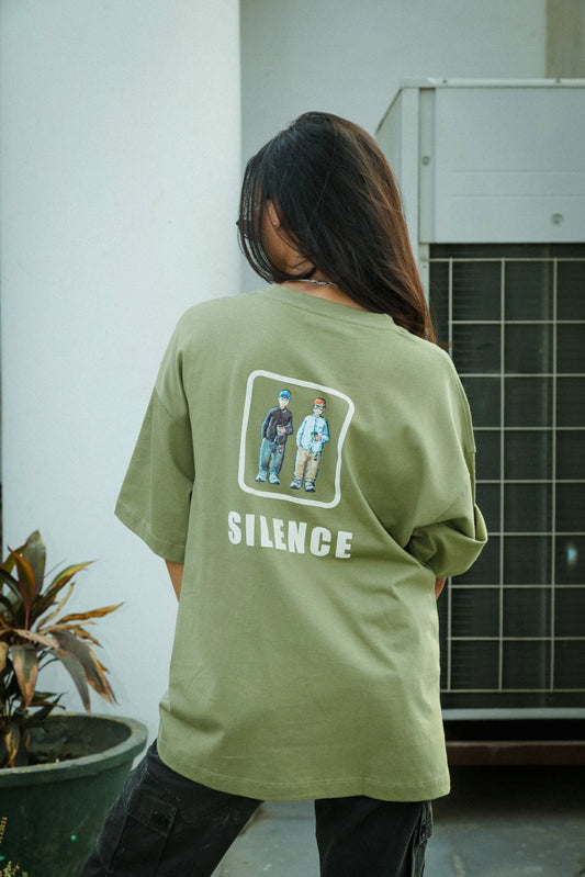Women Oversized Olive Green T-Shirt with "Silence" Print & Vintage Graphic
