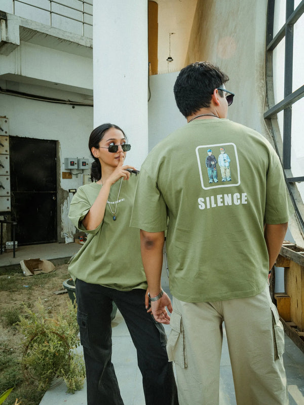 Women Oversized Olive Green T-Shirt with "Silence" Print & Vintage Graphic