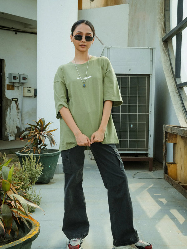 Women Oversized Olive Green T-Shirt with "Silence" Print & Vintage Graphic