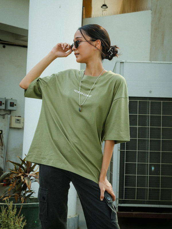 Women Oversized Olive Green T-Shirt with "Silence" Print & Vintage Graphic