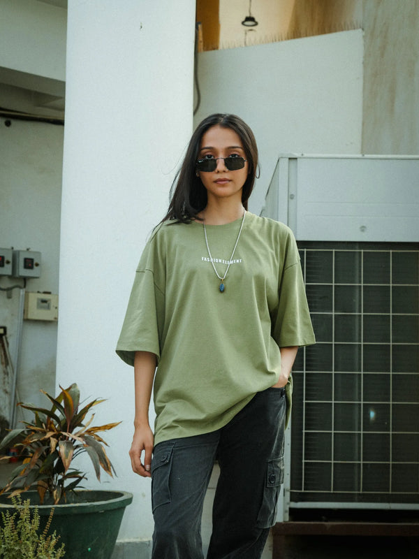 Women Oversized Olive Green T-Shirt with "Silence" Print & Vintage Graphic