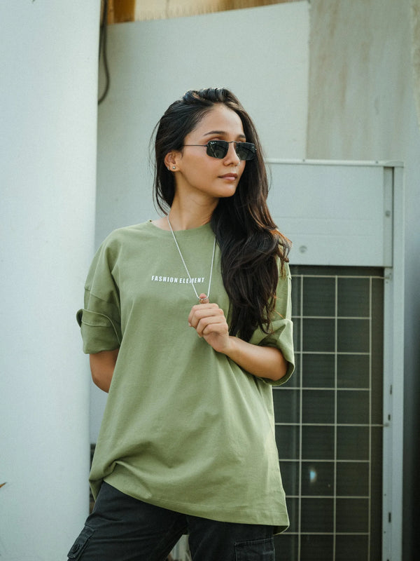 Women Oversized Olive Green T-Shirt with "Silence" Print & Vintage Graphic