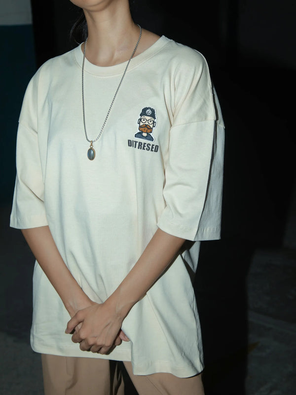 Women Oversized Off-White T-Shirt with Typographic Print