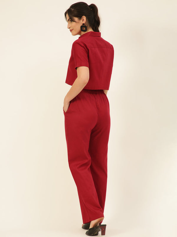 Cotton Linen Crop Shirt & Trouser Slim Fit Co-ord Set (Red)