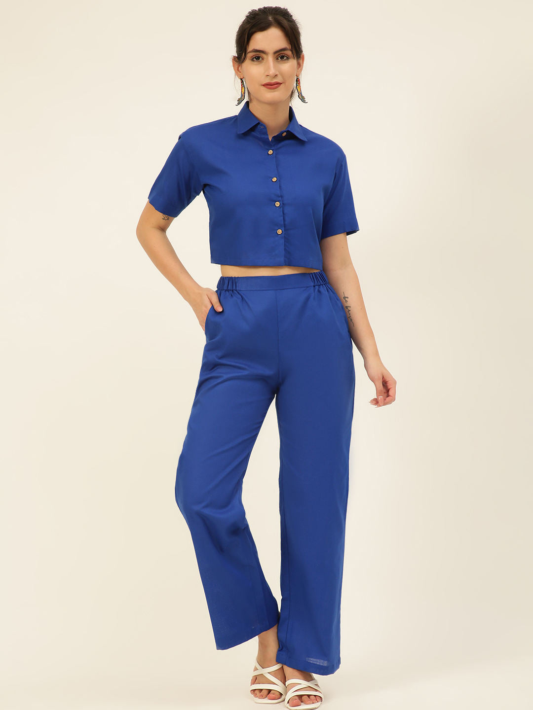 Premium Blue Cotton Linen Crop Shirt & Trouser Slim Fit Co-ord Set