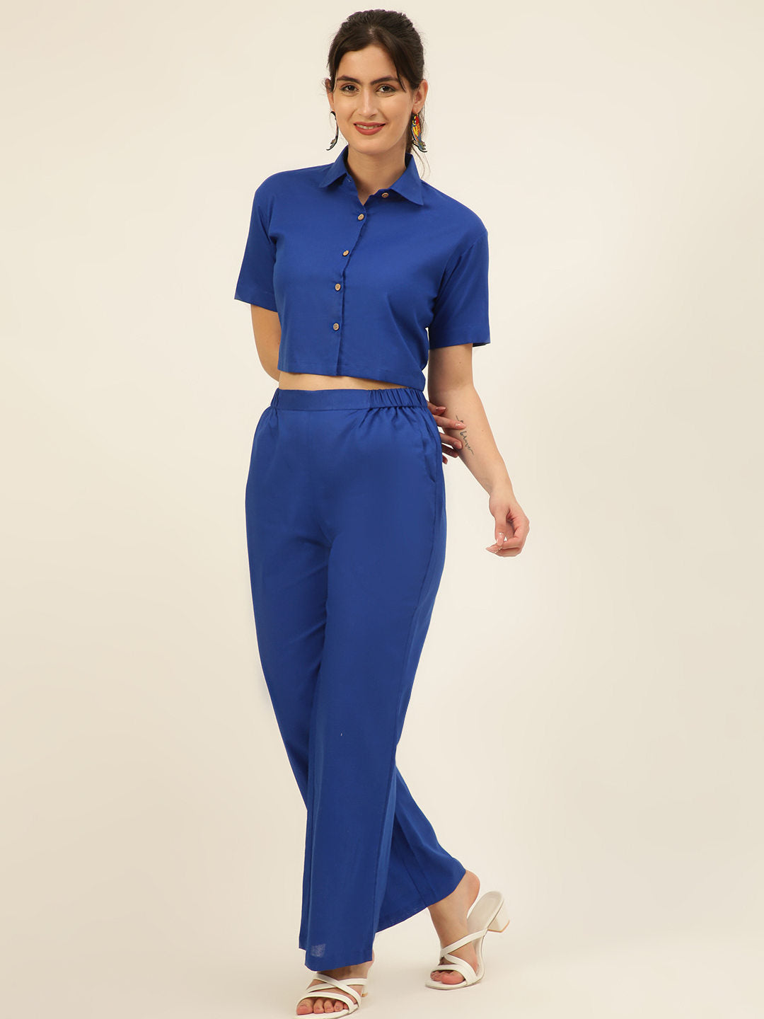 Premium Blue Cotton Linen Crop Shirt & Trouser Slim Fit Co-ord Set