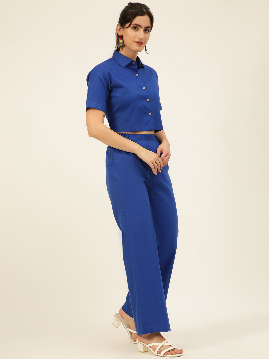Premium Blue Cotton Linen Crop Shirt & Trouser Slim Fit Co-ord Set