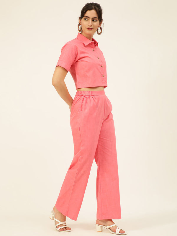 Cotton Linen Crop Shirt & Trouser Slim Fit Co-ord Set (Red)
