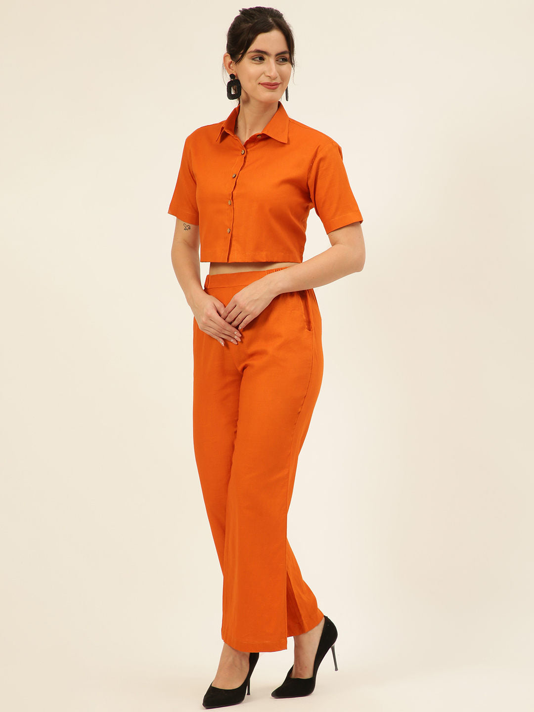 Premium Rust Cotton Linen Crop Shirt & Trouser Slim Fit Co-ord Set