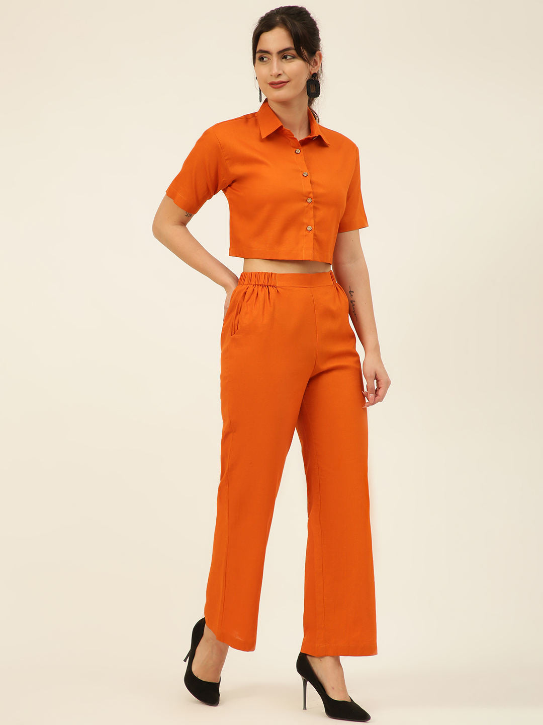 Premium Rust Cotton Linen Crop Shirt & Trouser Slim Fit Co-ord Set