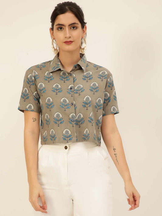 Premium Grey Floral HandBlock Printed Cotton Crop Shirt