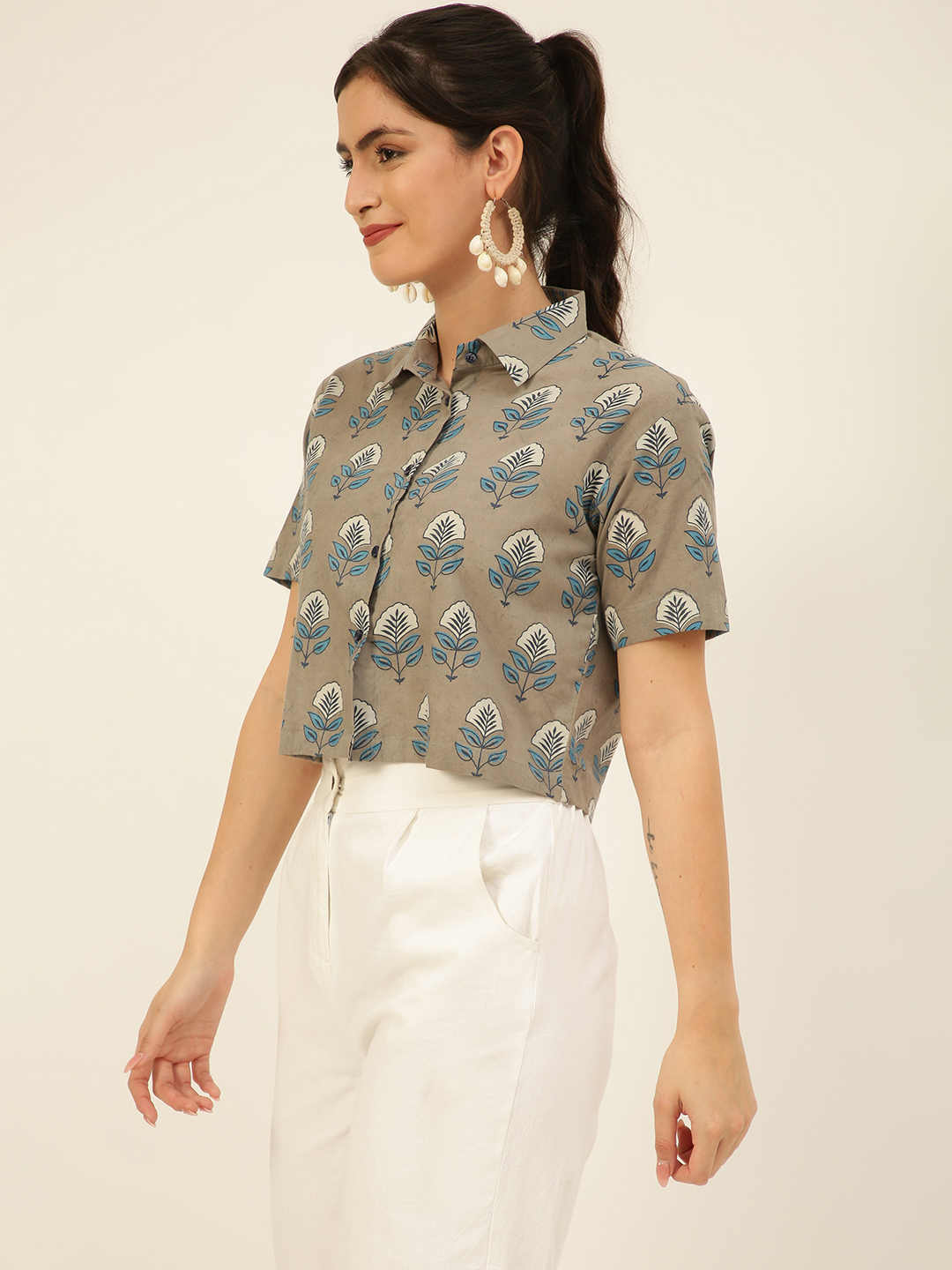 Premium Grey Floral HandBlock Printed Cotton Crop Shirt