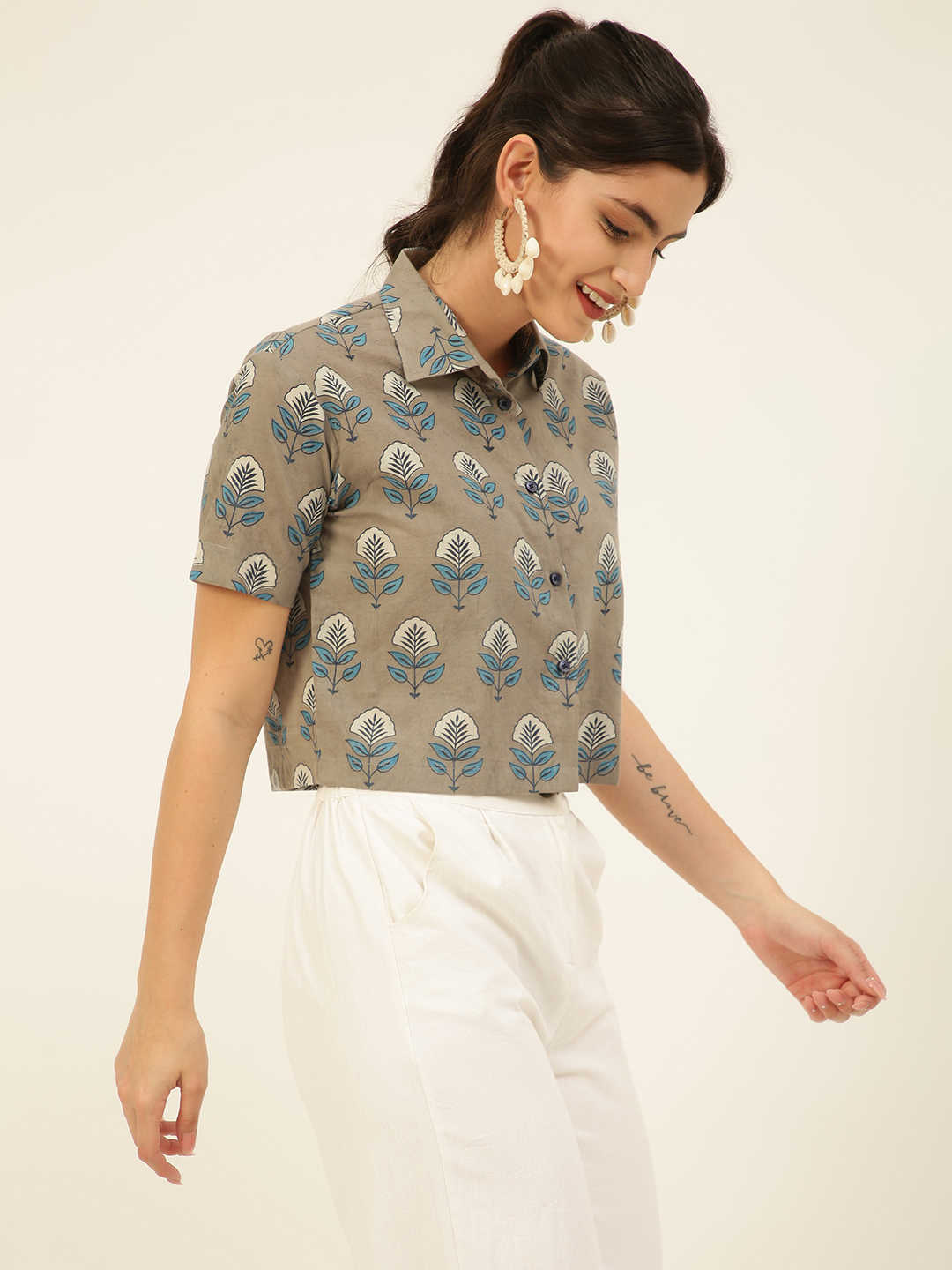 Premium Grey Floral HandBlock Printed Cotton Crop Shirt