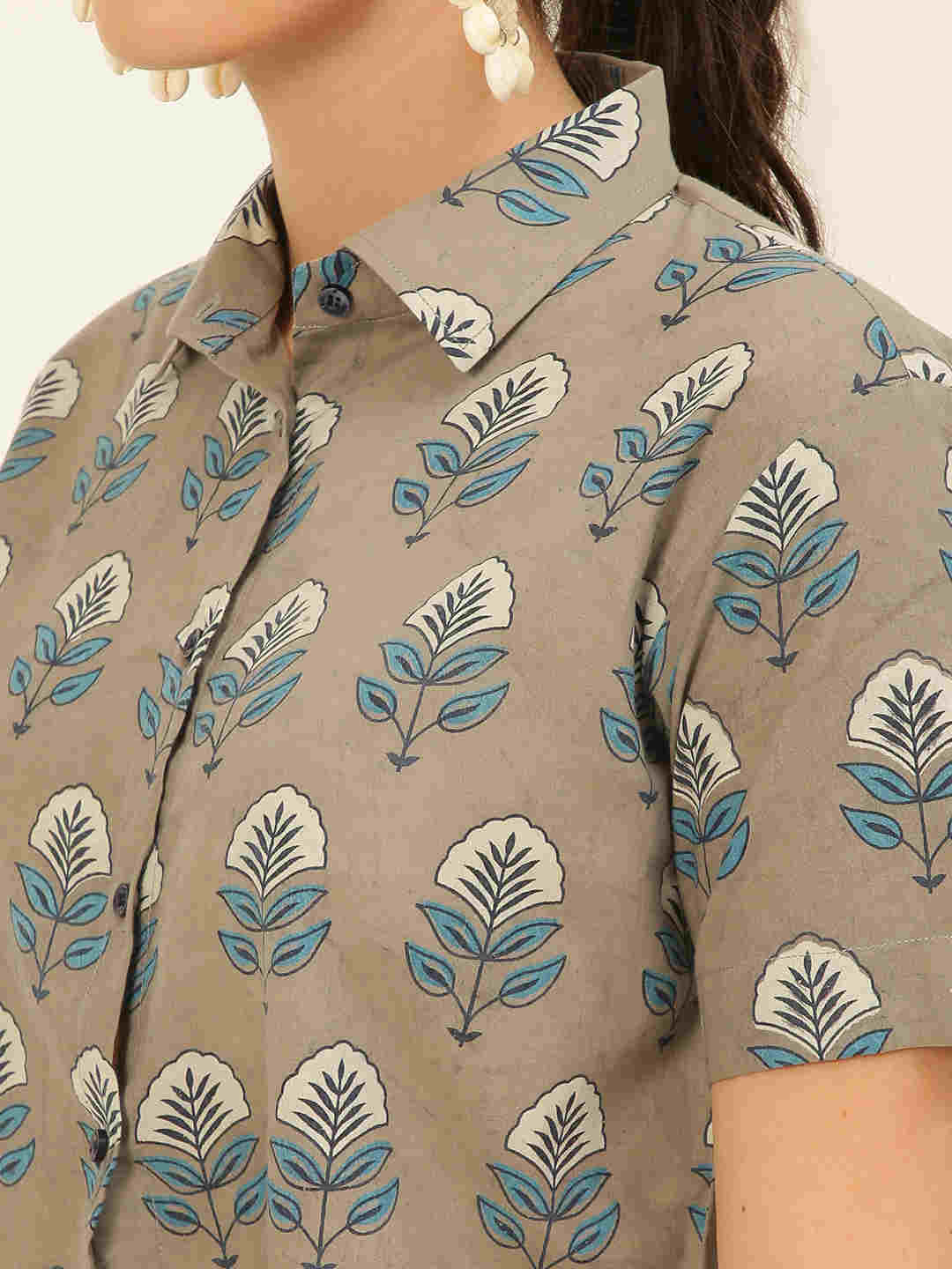 Premium Grey Floral HandBlock Printed Cotton Crop Shirt