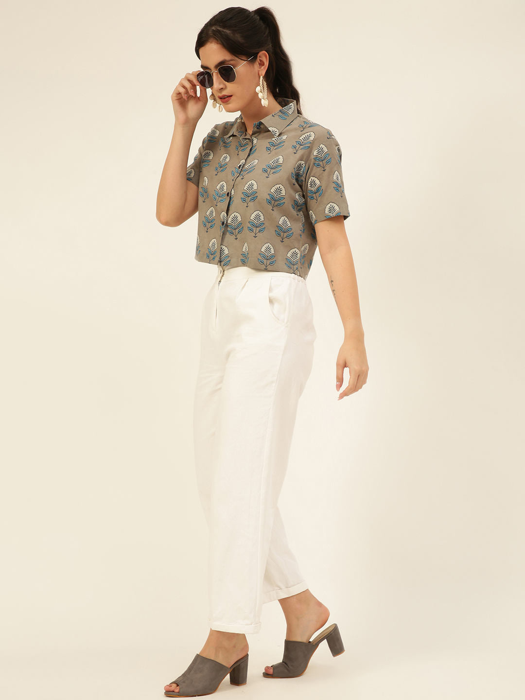 Premium Grey Floral HandBlock Printed Cotton Crop Shirt