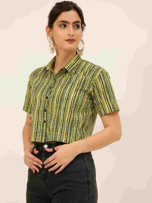 Premium Yellow & Black Stripes HandBlock Printed Cotton Crop Shirt