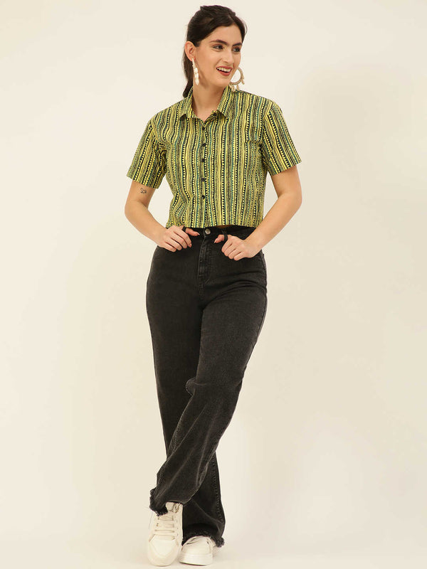 Premium Yellow & Black Stripes HandBlock Printed Cotton Crop Shirt