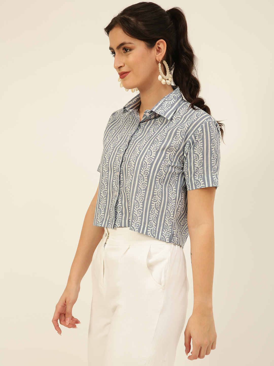 Premium Greyish Blue Floral Stripes HandBlock Printed Cotton Crop Shirt