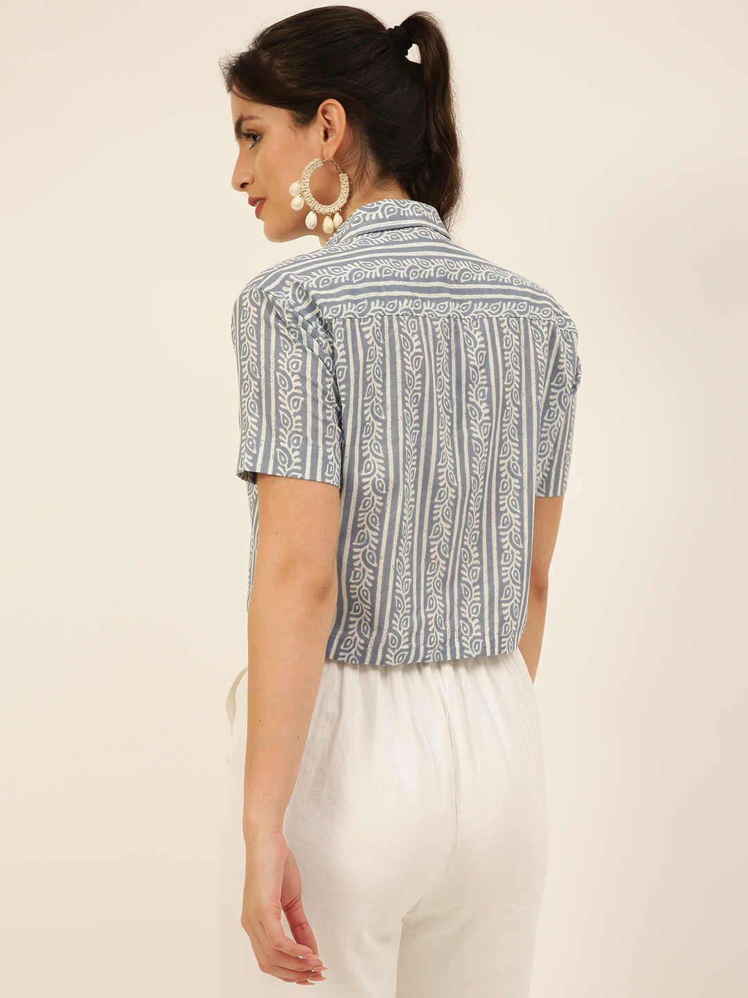Premium Greyish Blue Floral Stripes HandBlock Printed Cotton Crop Shirt