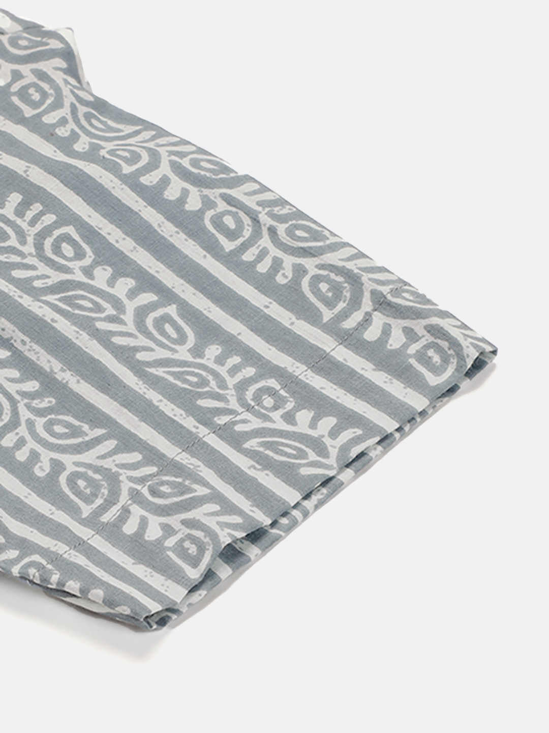 Premium Greyish Blue Floral Stripes HandBlock Printed Cotton Crop Shirt