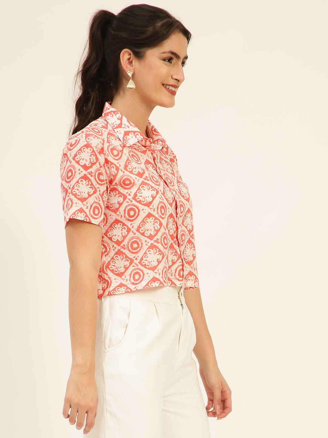 Premium Baby Pink Motifs HandBlock Printed Cotton Crop Shirt