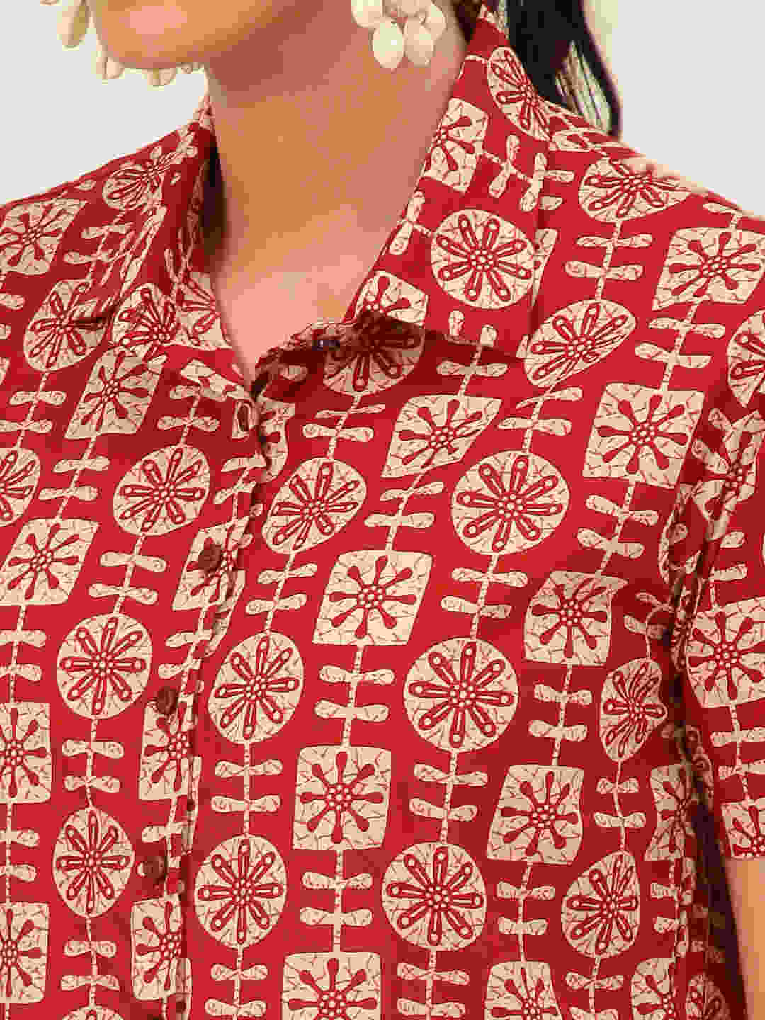 Premium Red Tribal Motifs HandBlock Printed Cotton Crop Shirt
