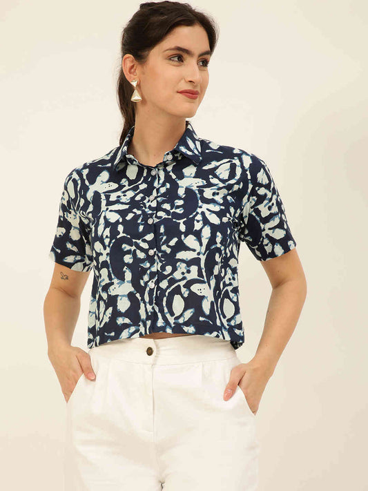 Premium Indigo Blue Motifs HandBlock Printed Cotton Crop Shirt