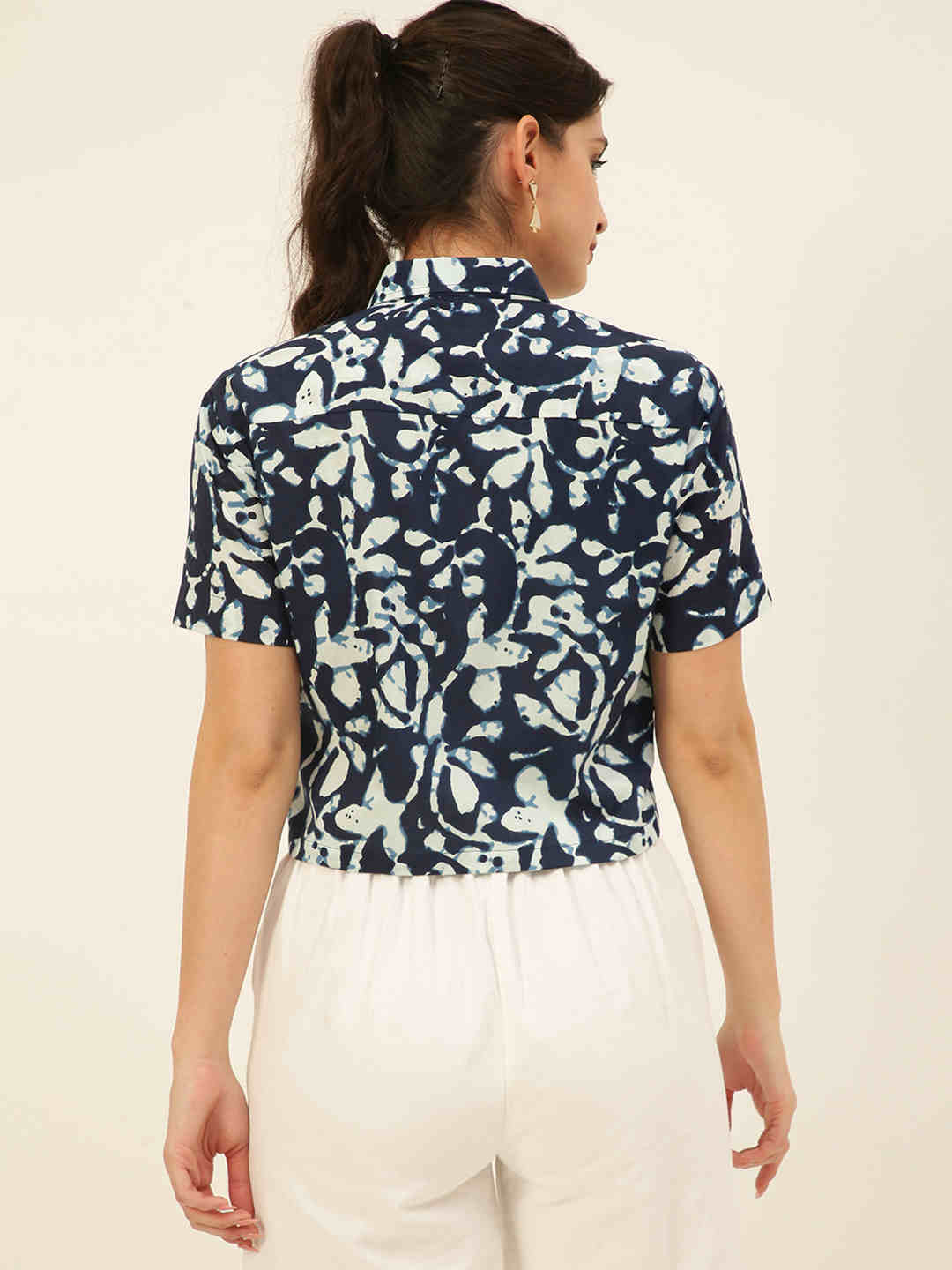 Premium Indigo Blue Motifs HandBlock Printed Cotton Crop Shirt