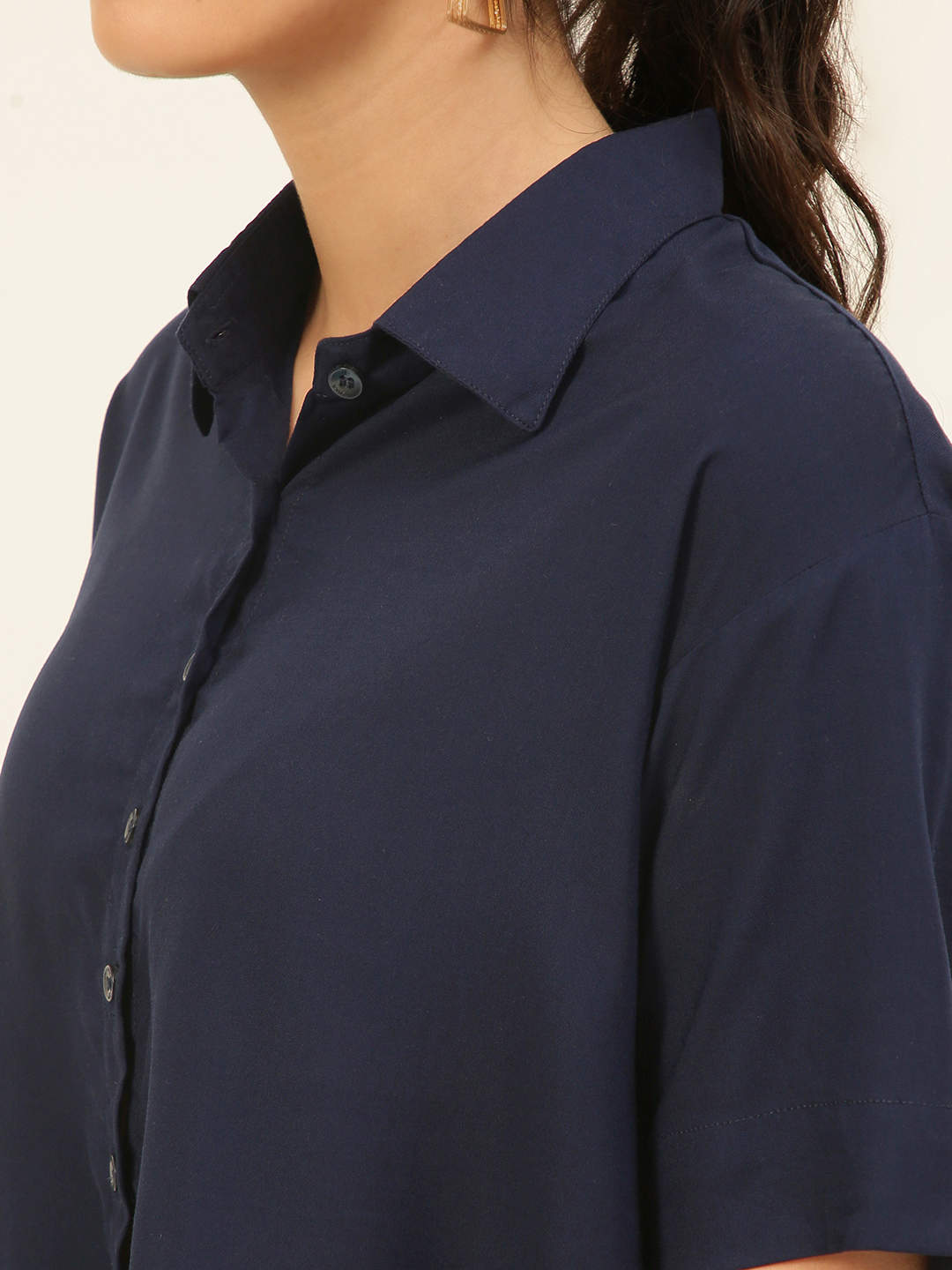 Premium Solid Navy Blue Rayon Crop Shirt