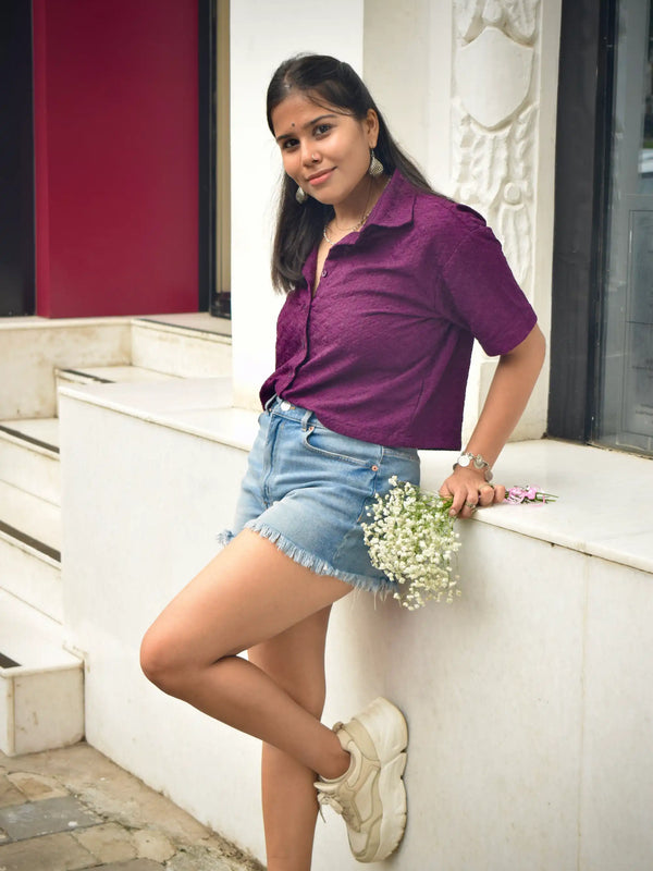 Chikankari Embroidered Women Crop Shirt