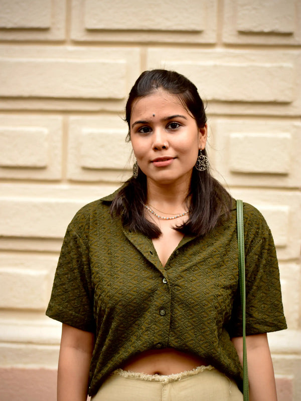 Chikankari Embroidered Women Crop Shirt