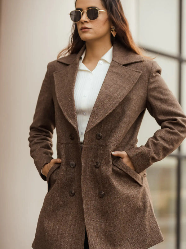 Women Double Breasted Long Over Coat