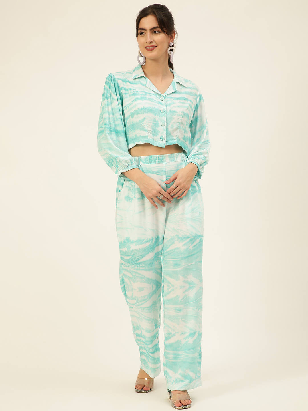 Sustainable Sea Green Collared Crop Top & Trouser Pashmina Rayon Designer Tie Dye Co-ord Set