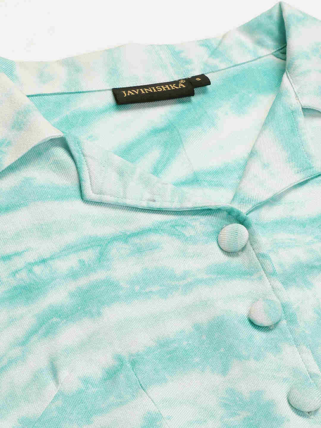 Sustainable Sea Green Collared Crop Top & Trouser Pashmina Rayon Designer Tie Dye Co-ord Set