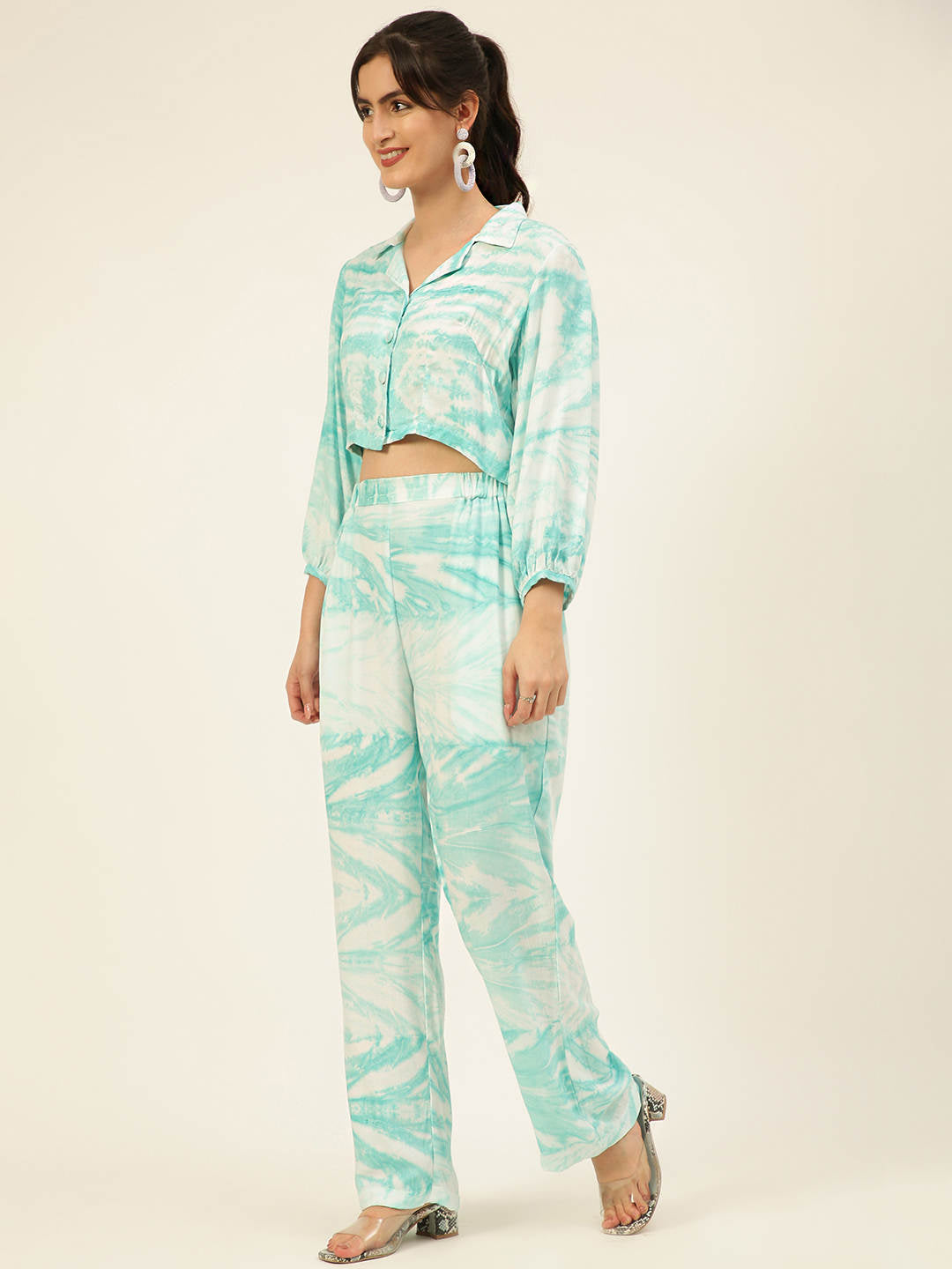 Sustainable Sea Green Collared Crop Top & Trouser Pashmina Rayon Designer Tie Dye Co-ord Set