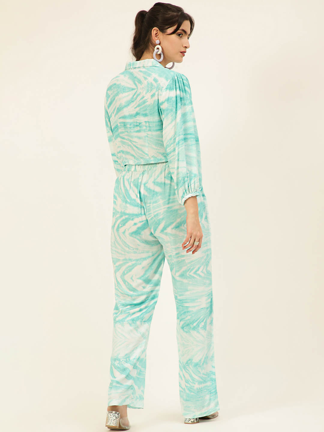 Sustainable Sea Green Collared Crop Top & Trouser Pashmina Rayon Designer Tie Dye Co-ord Set