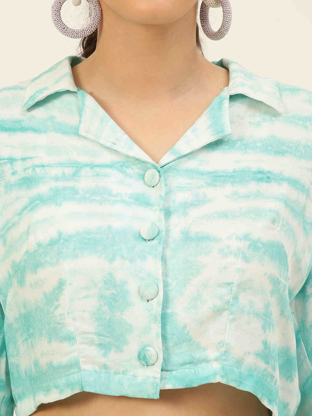 Sustainable Sea Green Collared Crop Top & Trouser Pashmina Rayon Designer Tie Dye Co-ord Set