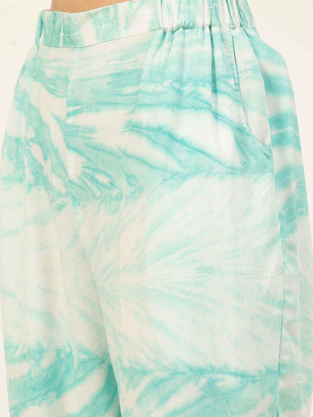 Sustainable Sea Green Collared Crop Top & Trouser Pashmina Rayon Designer Tie Dye Co-ord Set