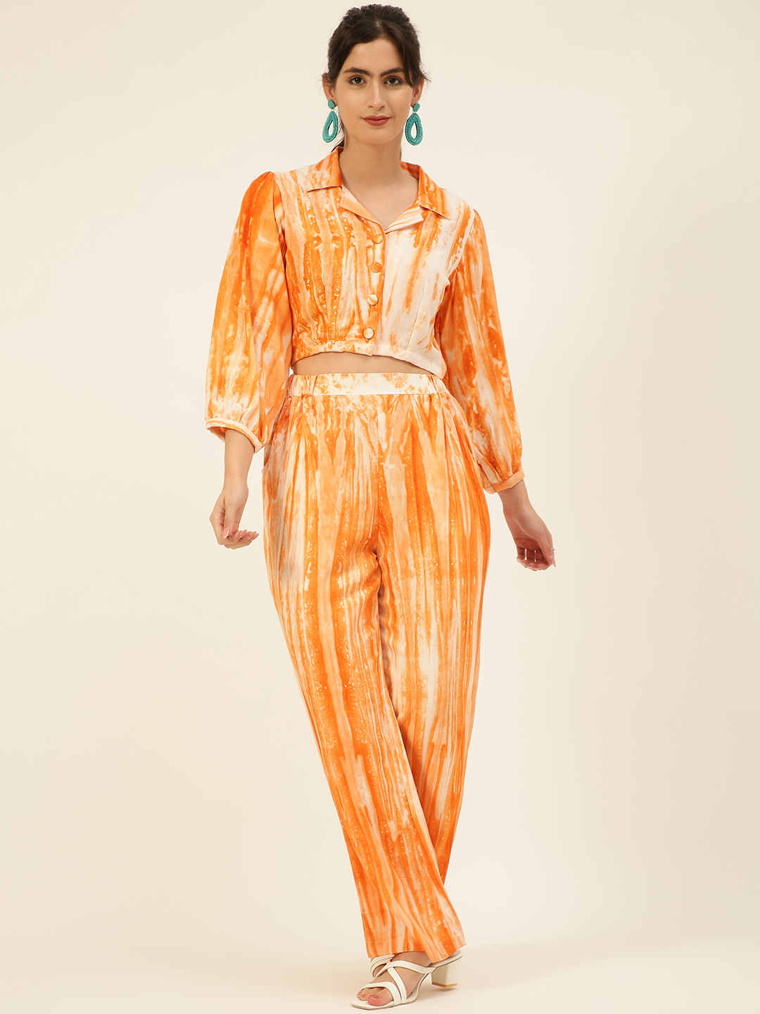 Sustainable Orange Collared Crop Top & Trouser Pashmina Rayon Designer Tie Dye Co-ord Set